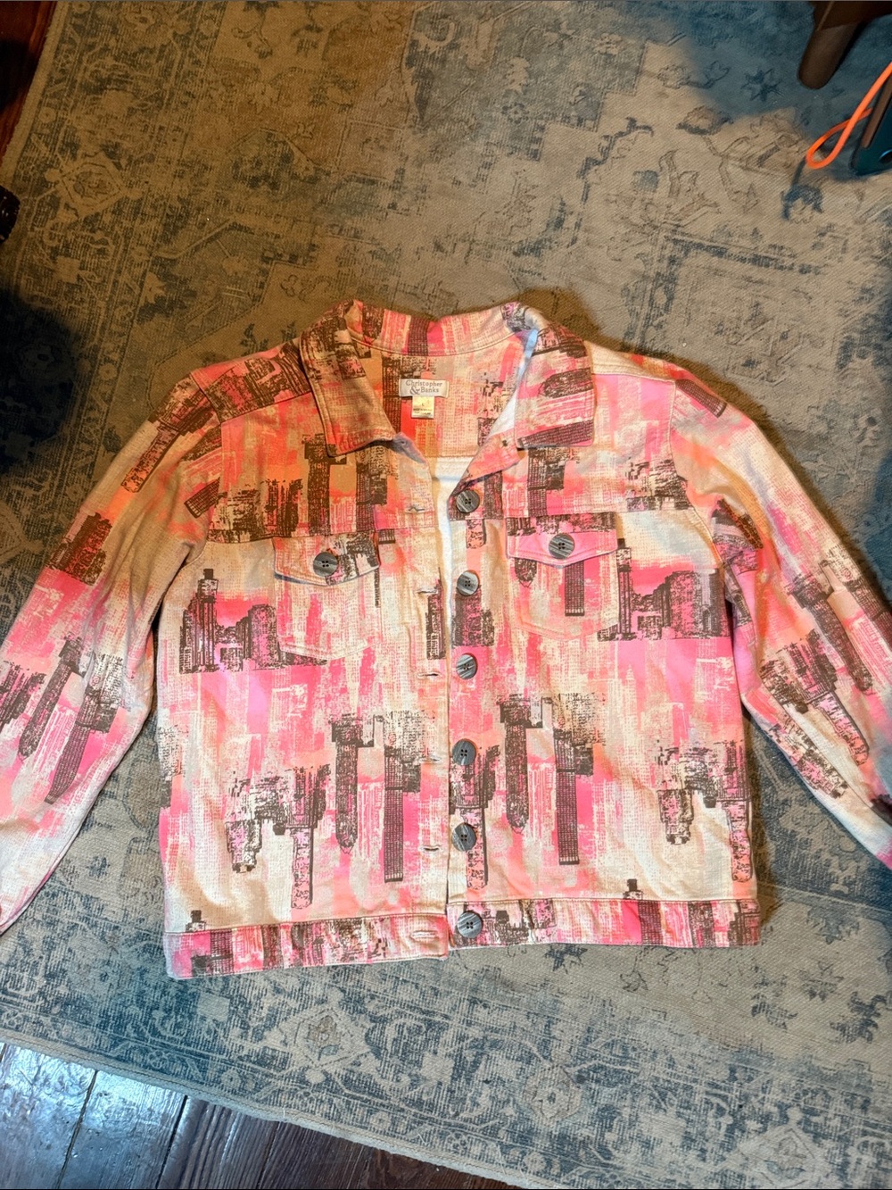 Christopher & Banks Pink and Beige Abstract stretch Print Jean Jacket
